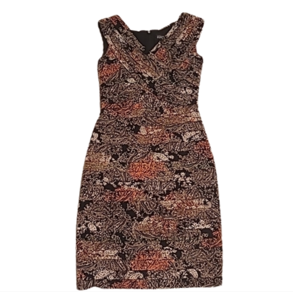 Adrianna Papell Paisley Horizontal Pleats Sleeveless V-Neck Dress Brown 6 - Picture 2 of 12